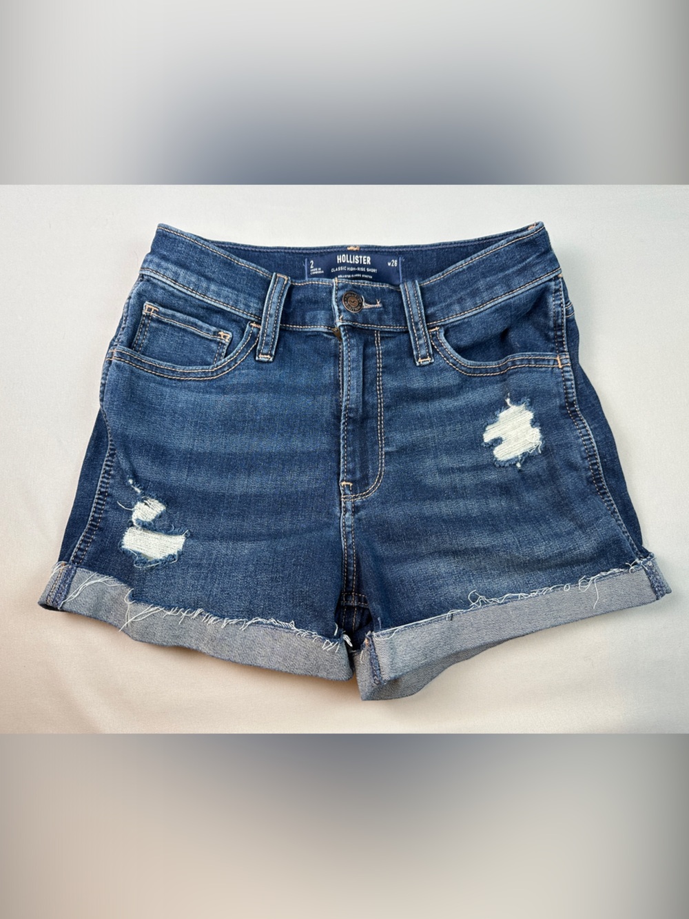 Hollister Classic High Rise Shorts Ripped Dark Blue Denim Cutoff Distressed
